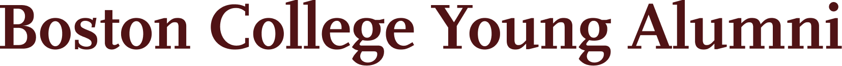 BC Young Alumni Text logo reading "Boston College Young Alumni" in large, maroon-colored serif font on a light gray background.